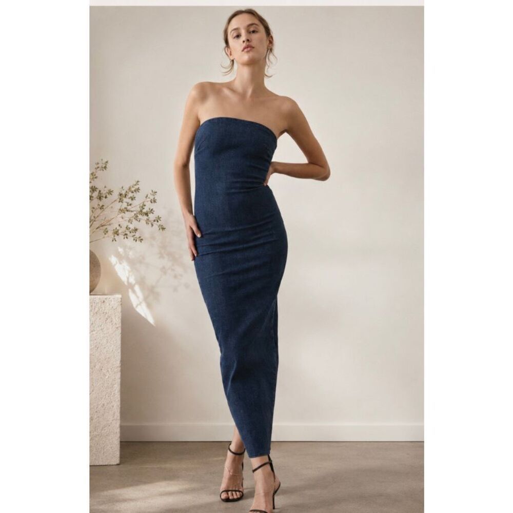 NWOT Zara Strapless Stretch Denim Midi tube Dress | Dark Wash Bodycon reformatio